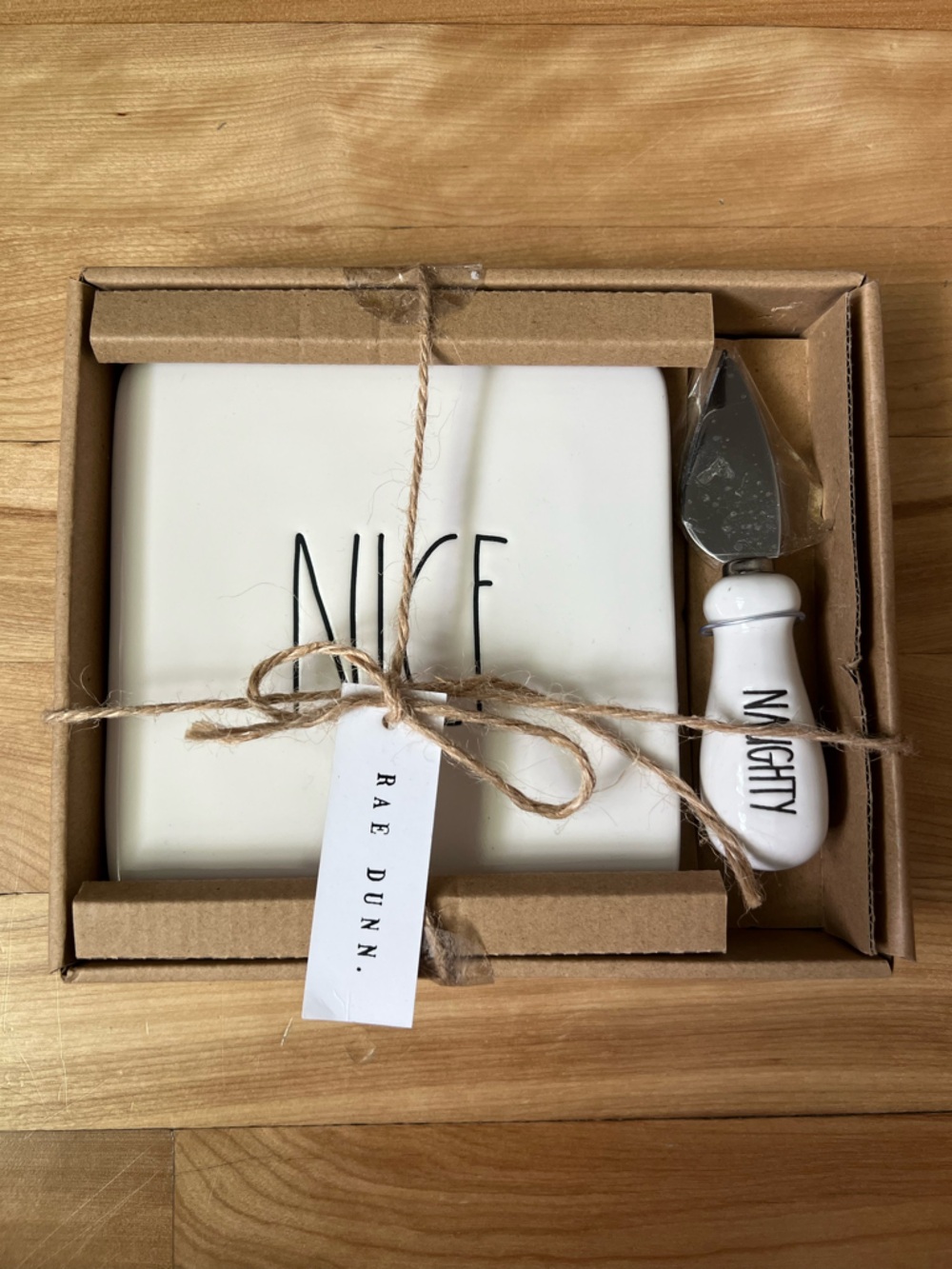 Rae Dunn Cream Ceramic Cheese Serving Set with 'Naughty' Handle